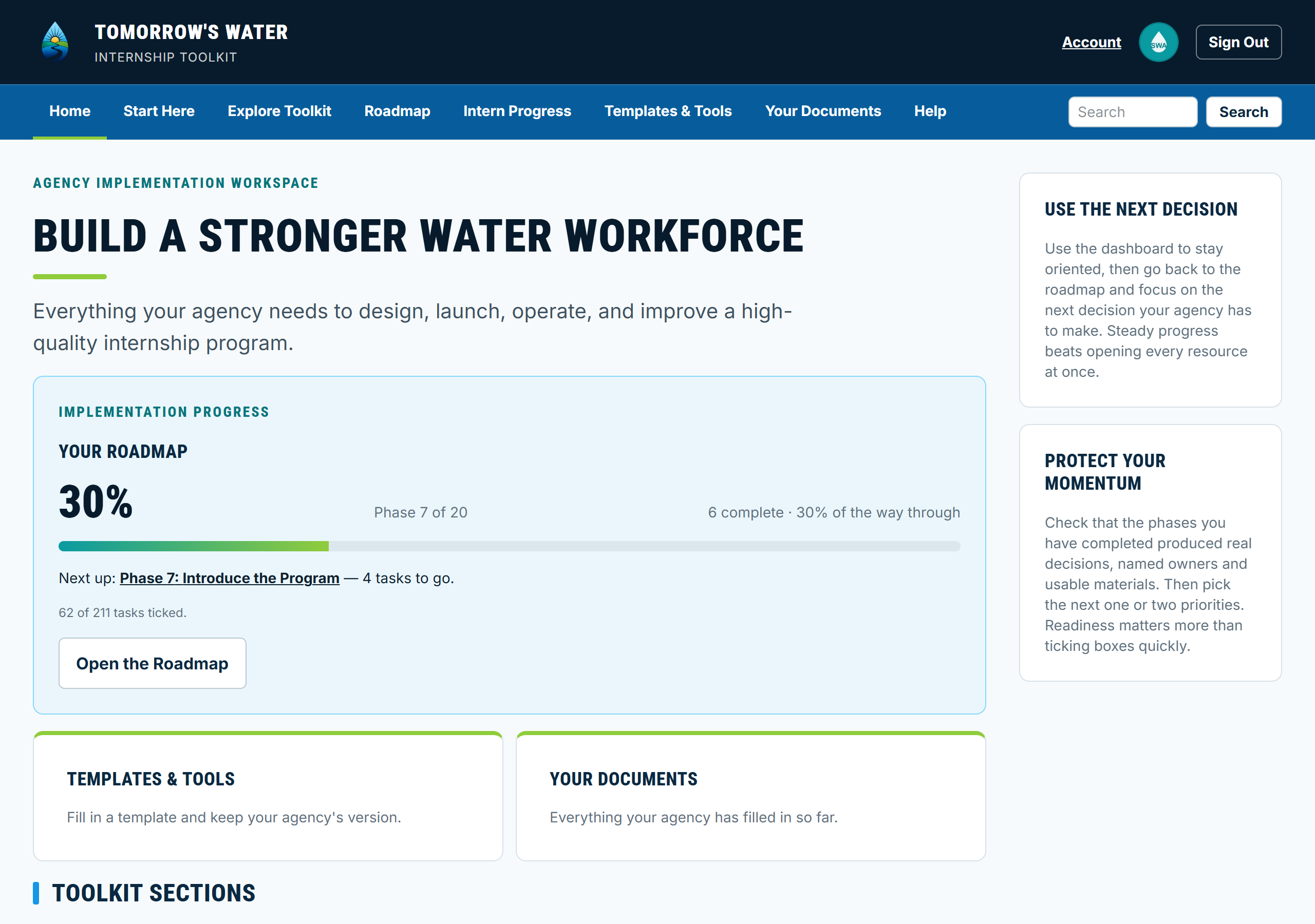 The Toolkit home screen, showing an agency thirty per cent of the way through its roadmap and the next phase to work on.