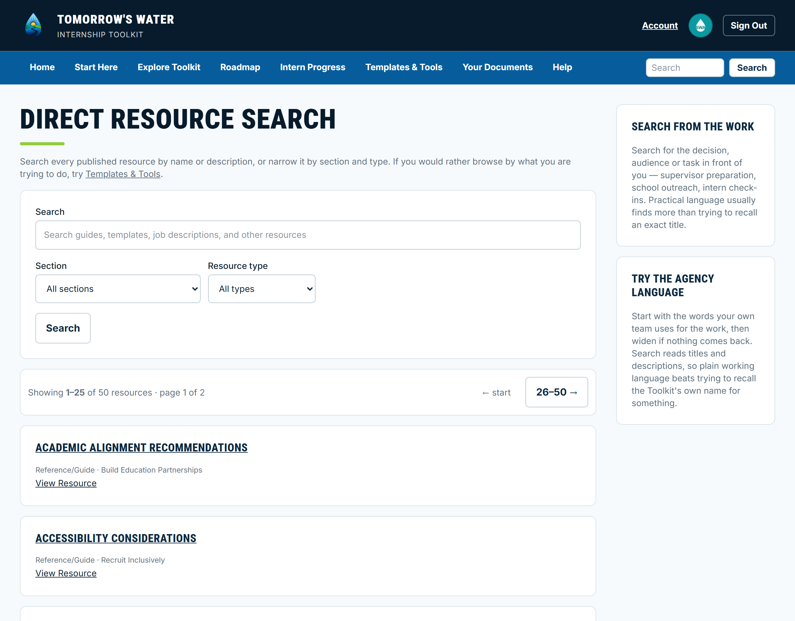 The resource library, searchable and filtered by section and type.