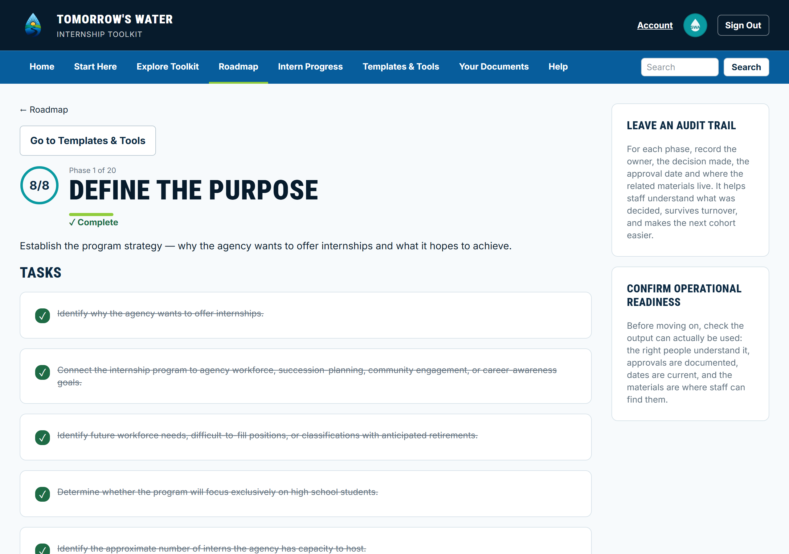 Phase 1, Define the Purpose, with every task ticked and the phase complete.